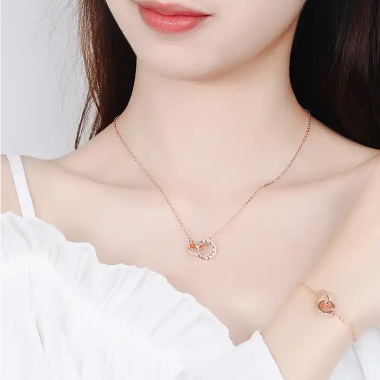 Besfome Bộ Trang Sức Vòng Cổ Vòng Tay Bông Tai Dây Xích Đôi Bằng Thép Titan Khảm Đá Màu Vàng Hồng Chất Lượng Cao Không Phai Chất Lượng Cao Thời Trang