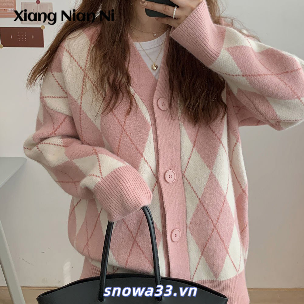 Xiang Nan Áo Khoác cardigan Dệt Kim Dáng Rộng Màu Tương Phản Phong Cách Hàn Quốc Mùa Thu Mới Cho Nữ