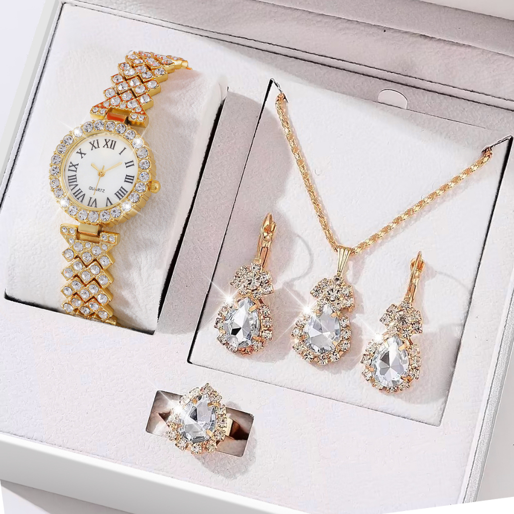 Set 2 Đồng Hồ Đeo Tay Và Vòng Đeo Tay Đính Đá Thời Trang Cho Nữ
