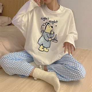 Bộ đồ ngủ FDS tay dài họa tiết hoạt hình gấu Pooh phong cách Nhật Bản thời trang mùa thu cho nữ