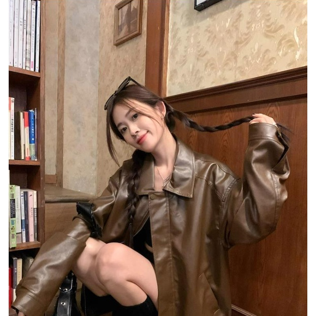 Áo Khoác Da Cao Cấp Dáng Rộng Màu Cà Phê Thời Trang Xuân Thu Dành Cho Nữ