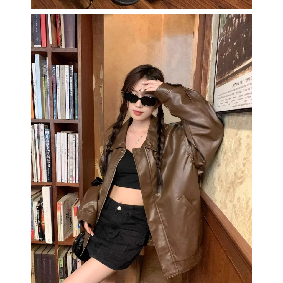 Áo Khoác Da Cao Cấp Dáng Rộng Màu Cà Phê Thời Trang Xuân Thu Dành Cho Nữ