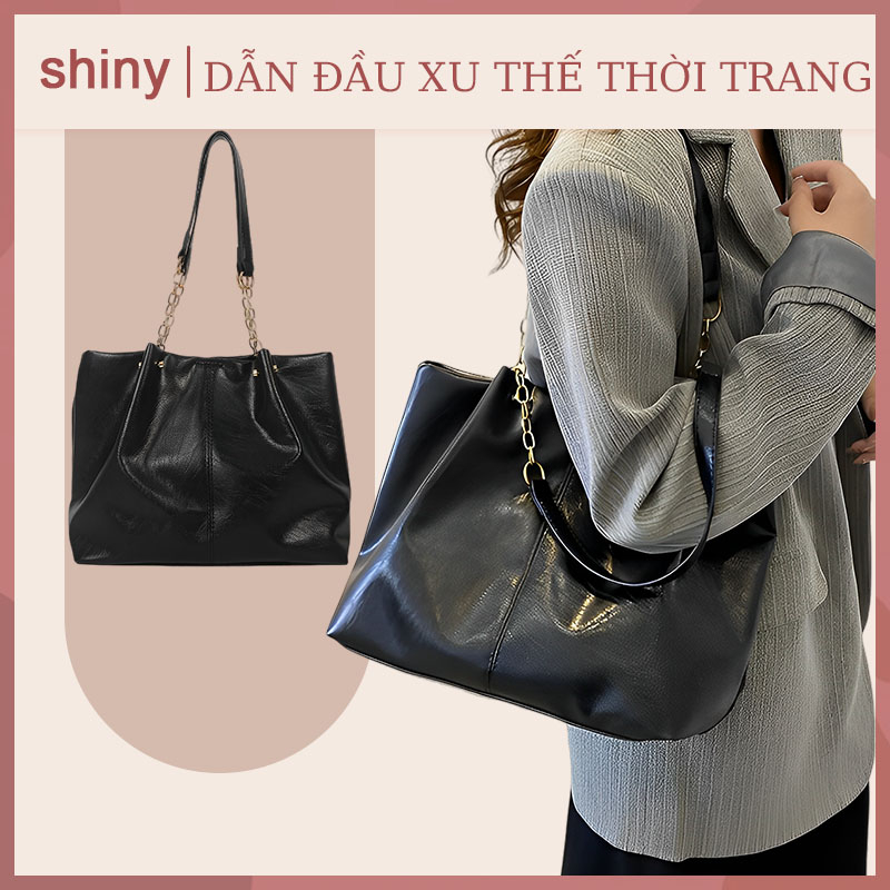 túi tote Da Đựng Túi Xếch nữ dáng cơ bản Thời Trang Mới 2023 túi màu đen đeo vai hóa chất PU ứng dụng cho A4 và laptop【shiny】