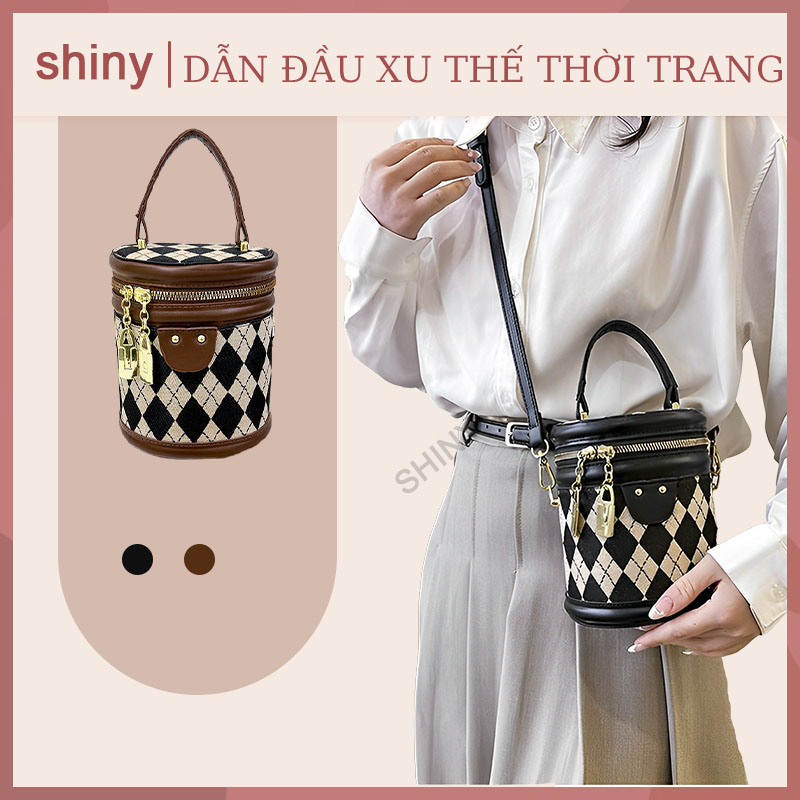 túi xách nữ đeo chéo tròn túi xách nữ tròn hộp túi xô Chất Đa Hàng Cao Cấp hình thoi đan cổ điển có khóa kéo cổ điển Đựng Vừa Điện Thoại【shiny】
