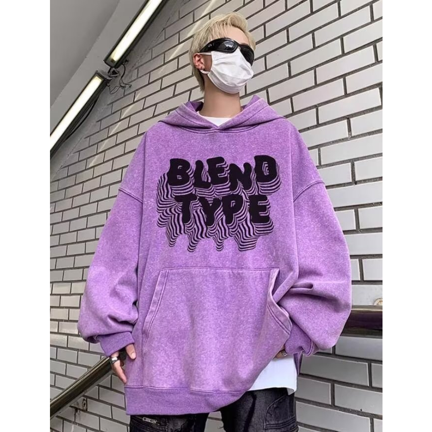 Áo hoodies rắn màu chữ in vintage mens lỏng lẻo bông vải màu tím cơ bản áo len hàng trăm unisex giản dị classic cặp đôi  với túi lớn thời trang sweatshirts