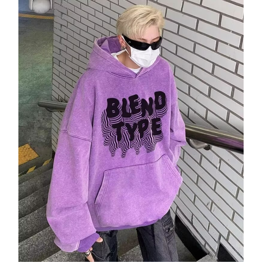 Áo hoodies rắn màu chữ in vintage mens lỏng lẻo bông vải màu tím cơ bản áo len hàng trăm unisex giản dị classic cặp đôi  với túi lớn thời trang sweatshirts