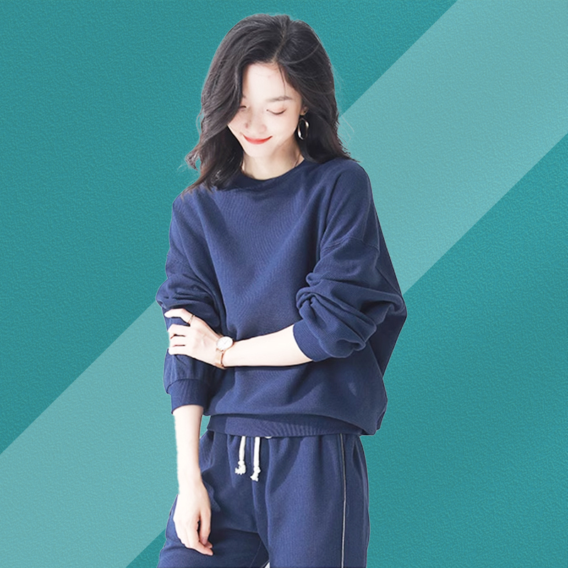 Dài Tay Top Quần Hai Mảnh Thể Thao Phù Hợp Với Bé Gái Quần Áo Áo Áo Nữ Xuân Thu Mỏng Phong Cách Rời Thời Trang Giảm Tuổi Cổ Tròn Hoodless Thường Ngày