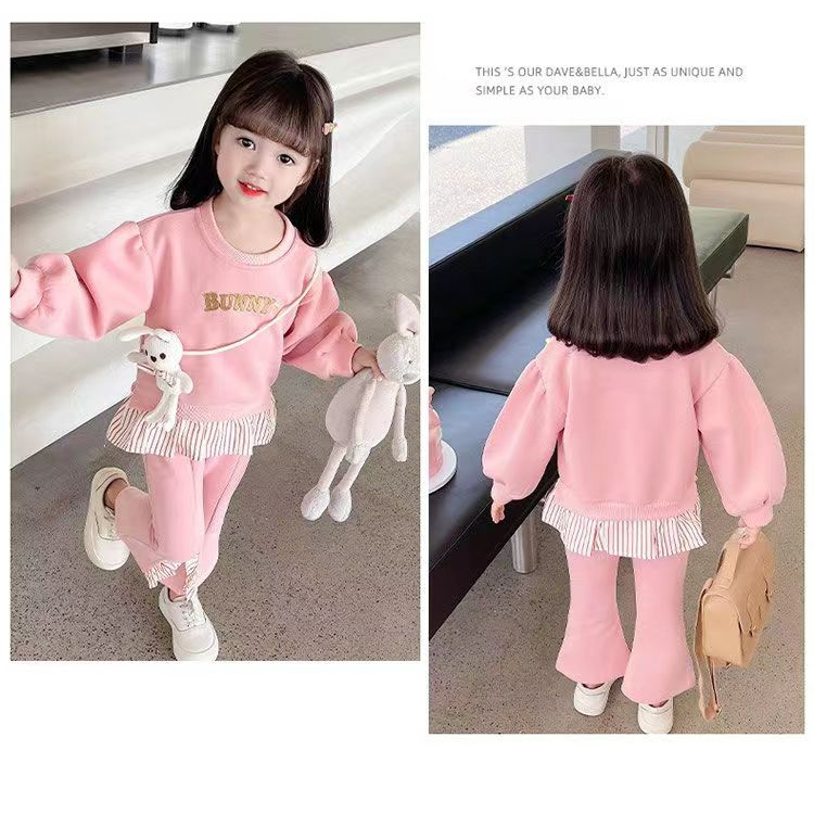 Thời Trang Bộ Áo Thun cotton Tay Dài In Hình Thỏ 2023 Kèm Quần Ống Loe Dành Cho Bé Gái