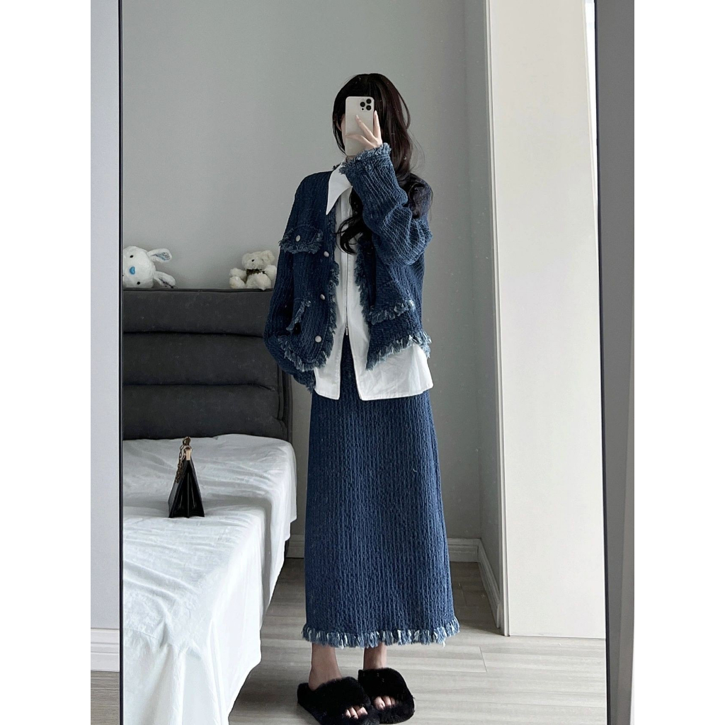 Xiaozhainv Set Áo croptop denim Dài Tay + Chân váy jean Dài Lưng Cao + Áo Sơ Mi Cổ Bẻ Thời Trang Hàn Quốc Cho Nữ