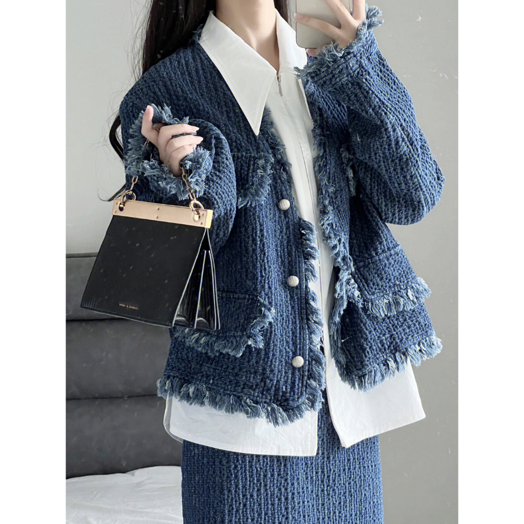 Xiaozhainv Set Áo croptop denim Dài Tay + Chân váy jean Dài Lưng Cao + Áo Sơ Mi Cổ Bẻ Thời Trang Hàn Quốc Cho Nữ