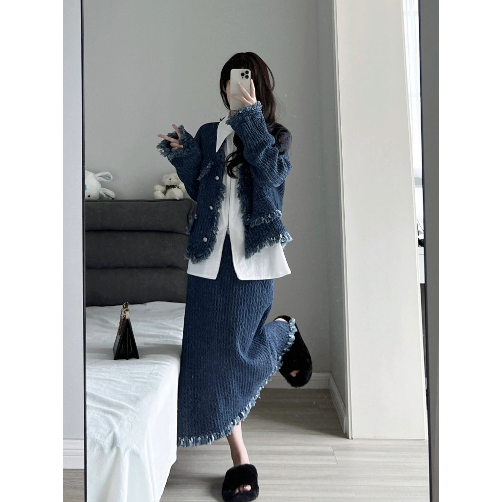 Xiaozhainv Set Áo croptop denim Dài Tay + Chân váy jean Dài Lưng Cao + Áo Sơ Mi Cổ Bẻ Thời Trang Hàn Quốc Cho Nữ