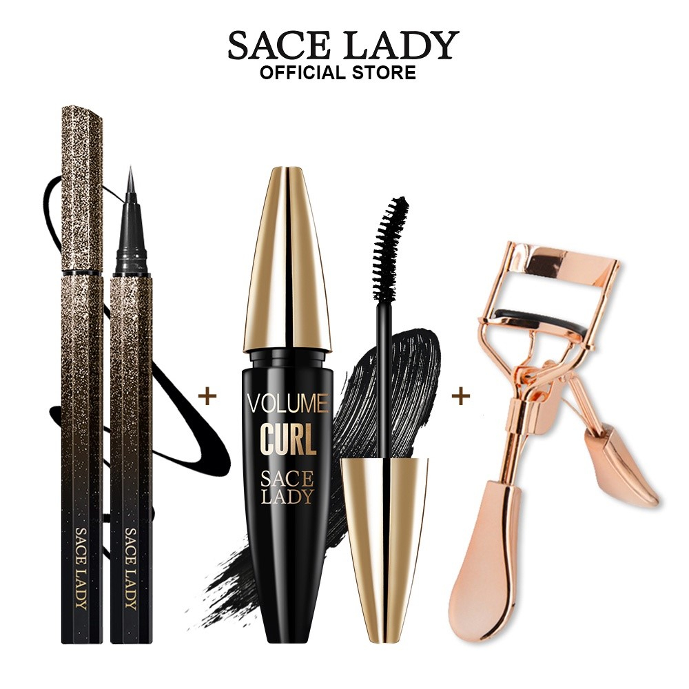 Set bút kẻ mắt mascara và dụng cụ kẹp bấm cong lông mi SACE LADY chống thấm nước lâu trôi làm đẹp 15g