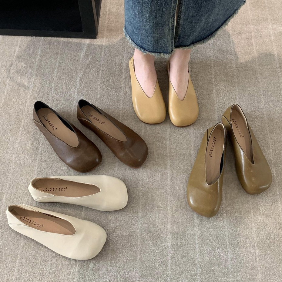 Prowow❤Mềm Giày Búp Bê Mũi Vuông Bằng Da Mềm Thoải Mái Phong Cách retro Dành Cho Nữ