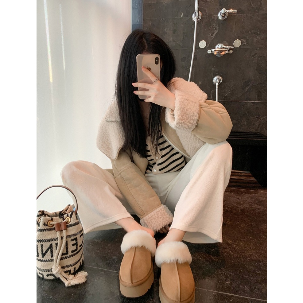 Prowow❤Dép Bít Mũi Phối Lông Xù Phong Cách Trẻ Trung Dành Cho Nữ