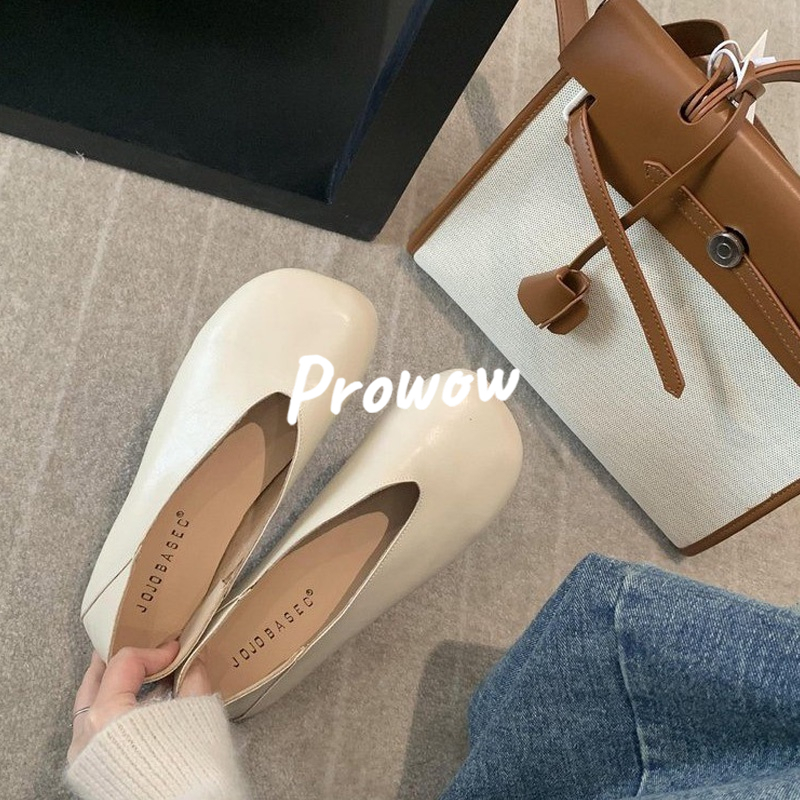 Prowow❤Mềm Giày Búp Bê Mũi Vuông Bằng Da Mềm Thoải Mái Phong Cách retro Dành Cho Nữ