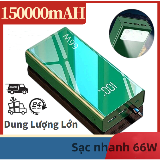 Sạc Dự Phòng 150000mAh Full Mirror Màn Hình Kỹ Thuật Số Đèn Pin LED Pin Ngoài Đầu Ra USB Kép Di động Power Bank