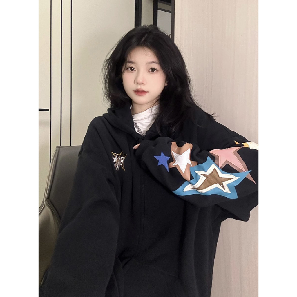 Áo Khoác Hoodies cardigan Có Khóa Kéo In Chữ Và Ngôi Sao Phong Cách Hip Hop Mỹ Thời Trang Xuân Thu Cho Nữ