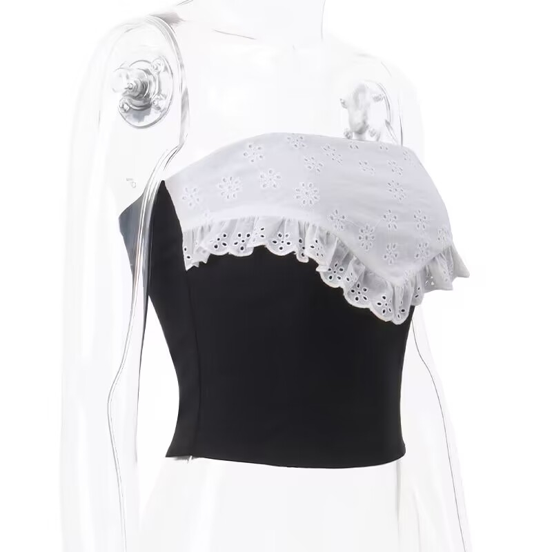Áo Croptop Trễ Vai Phối Ren Trắng Đen jennie blackpink Quyến Rũ Thời Trang