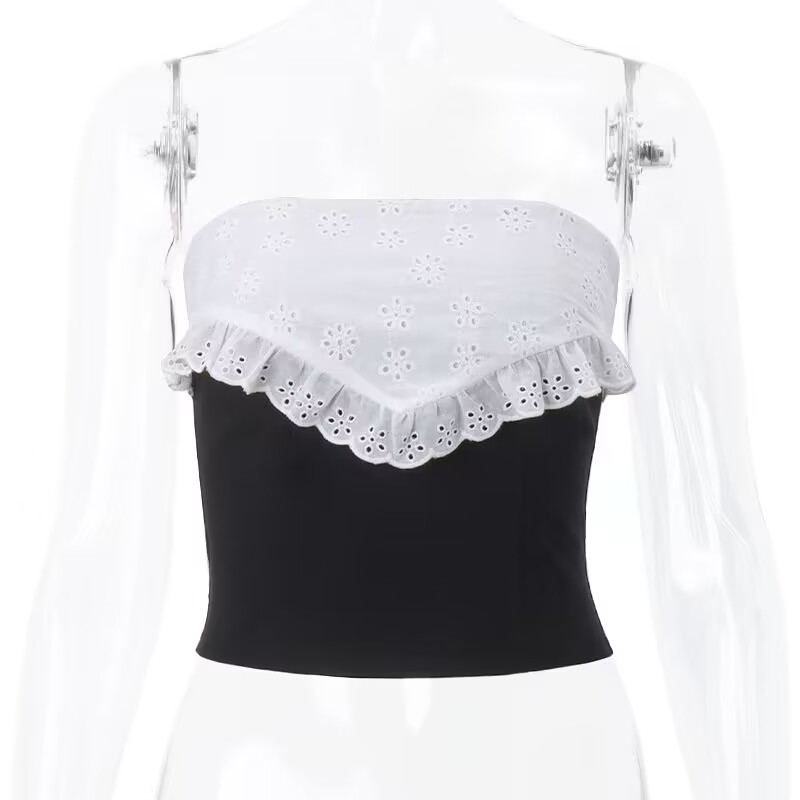 Áo Croptop Trễ Vai Phối Ren Trắng Đen jennie blackpink Quyến Rũ Thời Trang