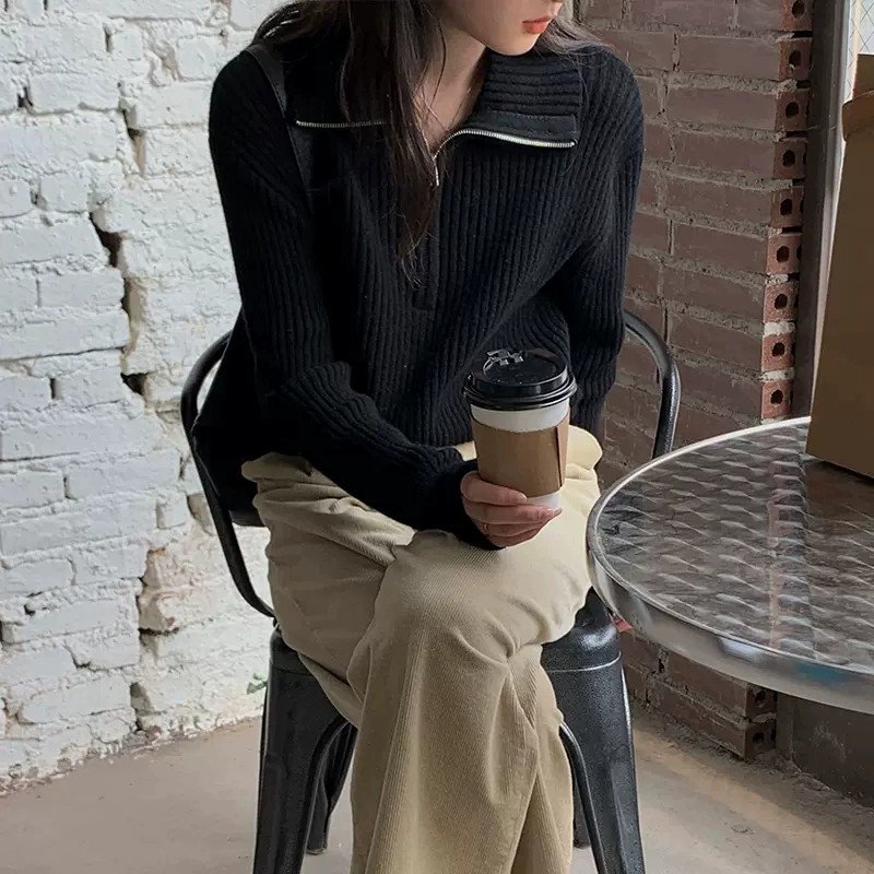 Mới Áo sweater Dáng Rộng Phối Khóa Kéo Phong Cách Phương Tây Thời Trang Cho Nữ