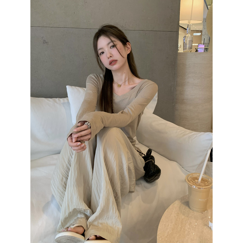 Ethelgirl Áo Thun Dài Tay Cổ Chữ v Màu Trơn Phong Cách Hàn Quốc Thời Trang Cho Nữ