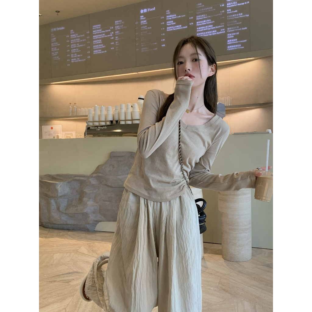 Ethelgirl Áo Thun Dài Tay Cổ Chữ v Màu Trơn Phong Cách Hàn Quốc Thời Trang Cho Nữ