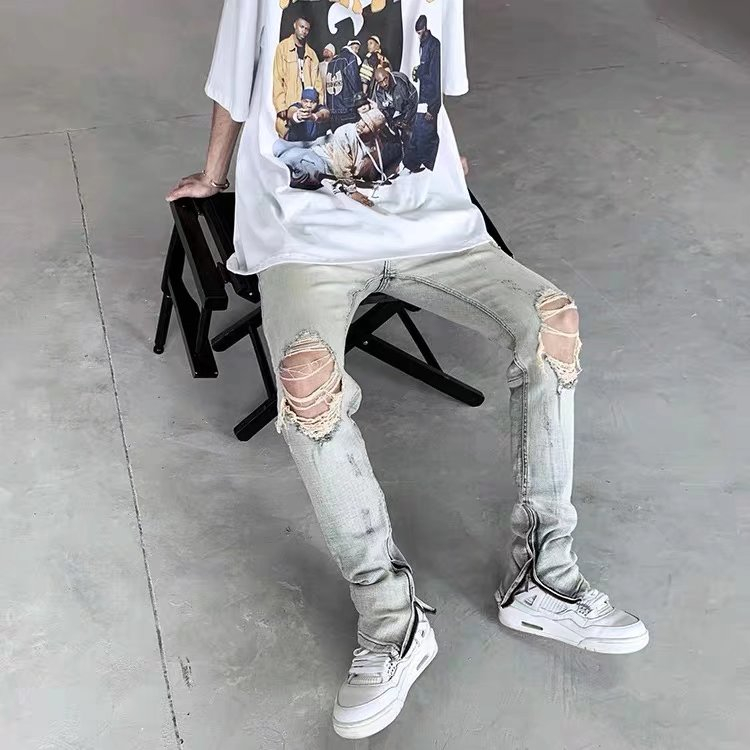 Quần tây nam thời trang retro quần jean nam đen rách gối tiếng nhật skinny quần dài