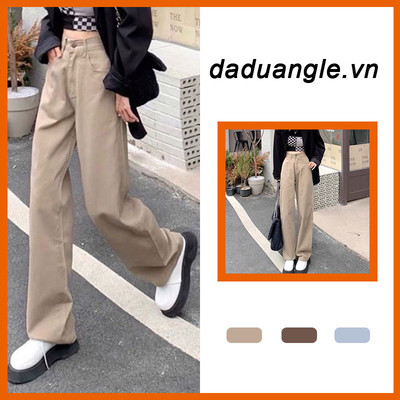 Daduhey Quần kaki trơn lưng cao ống rộng thời trang cá tính dành cho nữ