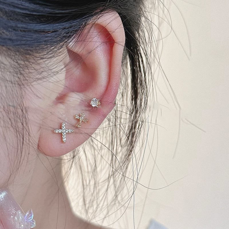 Thời Trang Bộ Khuyên Tai Đính Đá Kim Cương Hình Chữ Thập Màu Bạc Phong Cách Hàn Quốc Dành Cho Học Sinh
