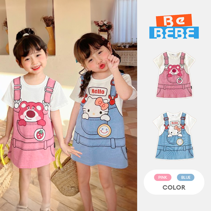 Đầm Thun Tay Ngắn Giả Hai Lớp In Họa Tiết Hoạt Hình Dành Cho Bé Gái Cô gái Phim hoạt hình In Váy giả hai mảnh Váy ngắn tay áo thun Áo sơ mi tay ngắn