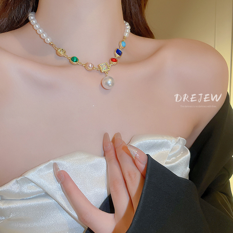 Vòng cổ DREJEW chuỗi ngọc trai pha lê nhẹ nhàng sang trọng retro phong cách Pháp thời trang cao cấp không gây dị ứng