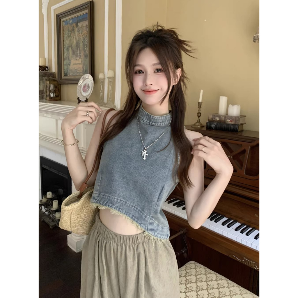 Áo Denim Sát Nách Dáng Ôm Phối Tua Rua Phong Cách Cổ Điển Thời Trang Mùa Hè Mới Cho Nữ