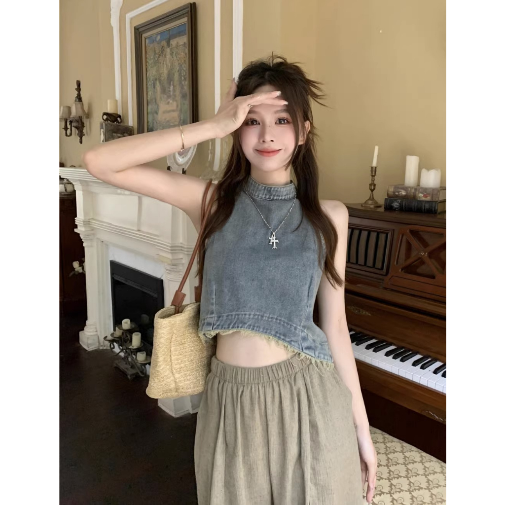 Áo Denim Sát Nách Dáng Ôm Phối Tua Rua Phong Cách Cổ Điển Thời Trang Mùa Hè Mới Cho Nữ