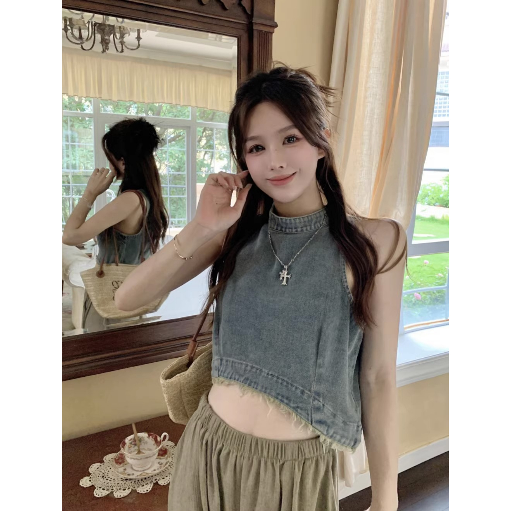 Áo Denim Sát Nách Dáng Ôm Phối Tua Rua Phong Cách Cổ Điển Thời Trang Mùa Hè Mới Cho Nữ