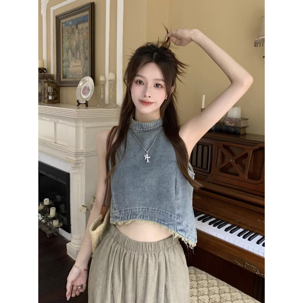 Áo Denim Sát Nách Dáng Ôm Phối Tua Rua Phong Cách Cổ Điển Thời Trang Mùa Hè Mới Cho Nữ