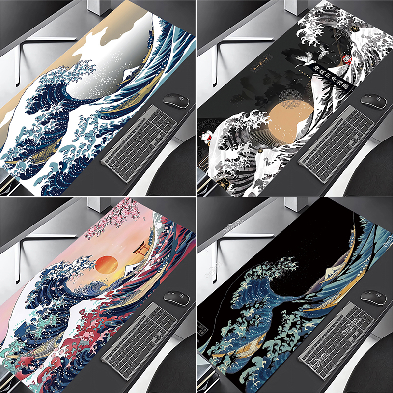 Tấm Lót Chuột Và Bàn Phím Máy Tính Kanagawa XXL 80x30 Màu Đen Họa Tiết Nghệ Thuật Phong Cách Nhật Bản