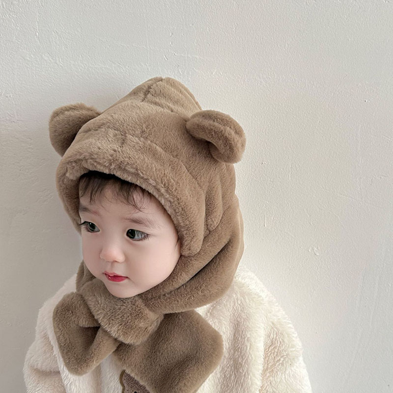 Mũ Trùm Đầu Kiêm Khăn Choàng Lông Dày Dặn Giữ Ấm Tai Hình Gấu Nhỏ one piece Dễ Thương