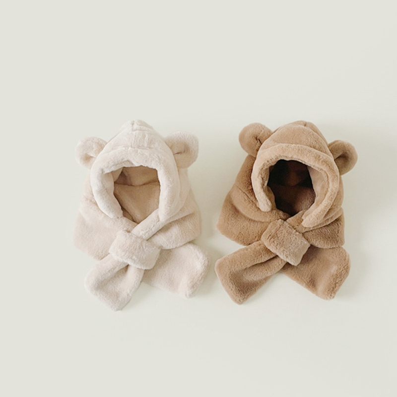 Mũ Trùm Đầu Kiêm Khăn Choàng Lông Dày Dặn Giữ Ấm Tai Hình Gấu Nhỏ one piece Dễ Thương