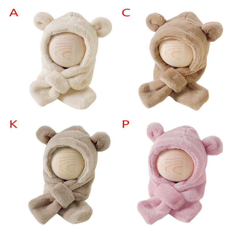 Mũ Trùm Đầu Kiêm Khăn Choàng Lông Dày Dặn Giữ Ấm Tai Hình Gấu Nhỏ one piece Dễ Thương