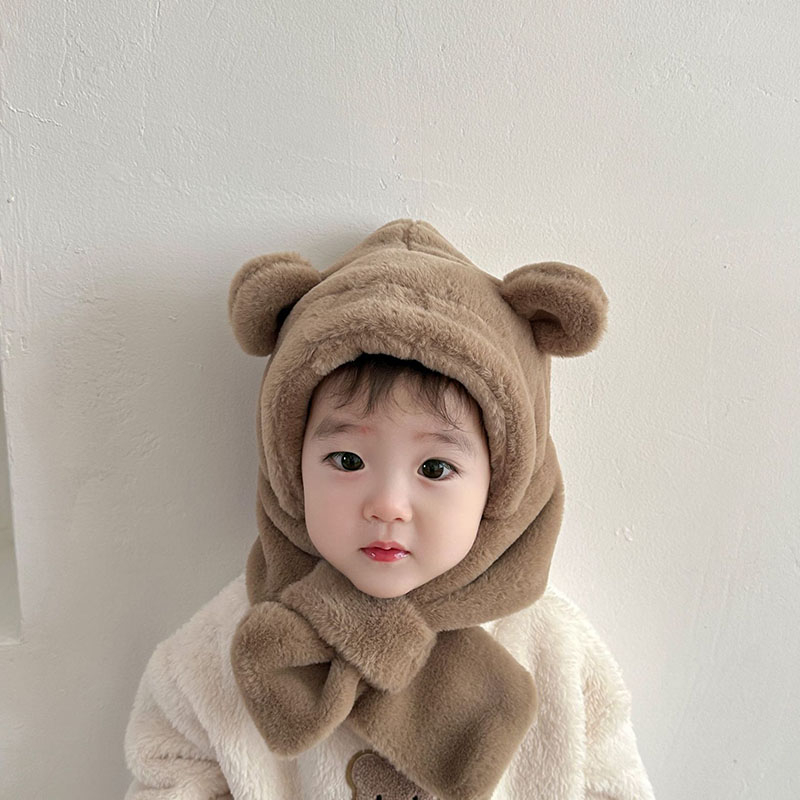 Mũ Trùm Đầu Kiêm Khăn Choàng Lông Dày Dặn Giữ Ấm Tai Hình Gấu Nhỏ one piece Dễ Thương