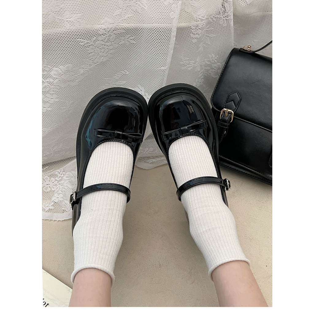 Giày Cao Gót Mũi Tròn Bằng Da Bóng Gót Dày Thắt Nơ Phong Cách Pháp Cho Nữ mary jane