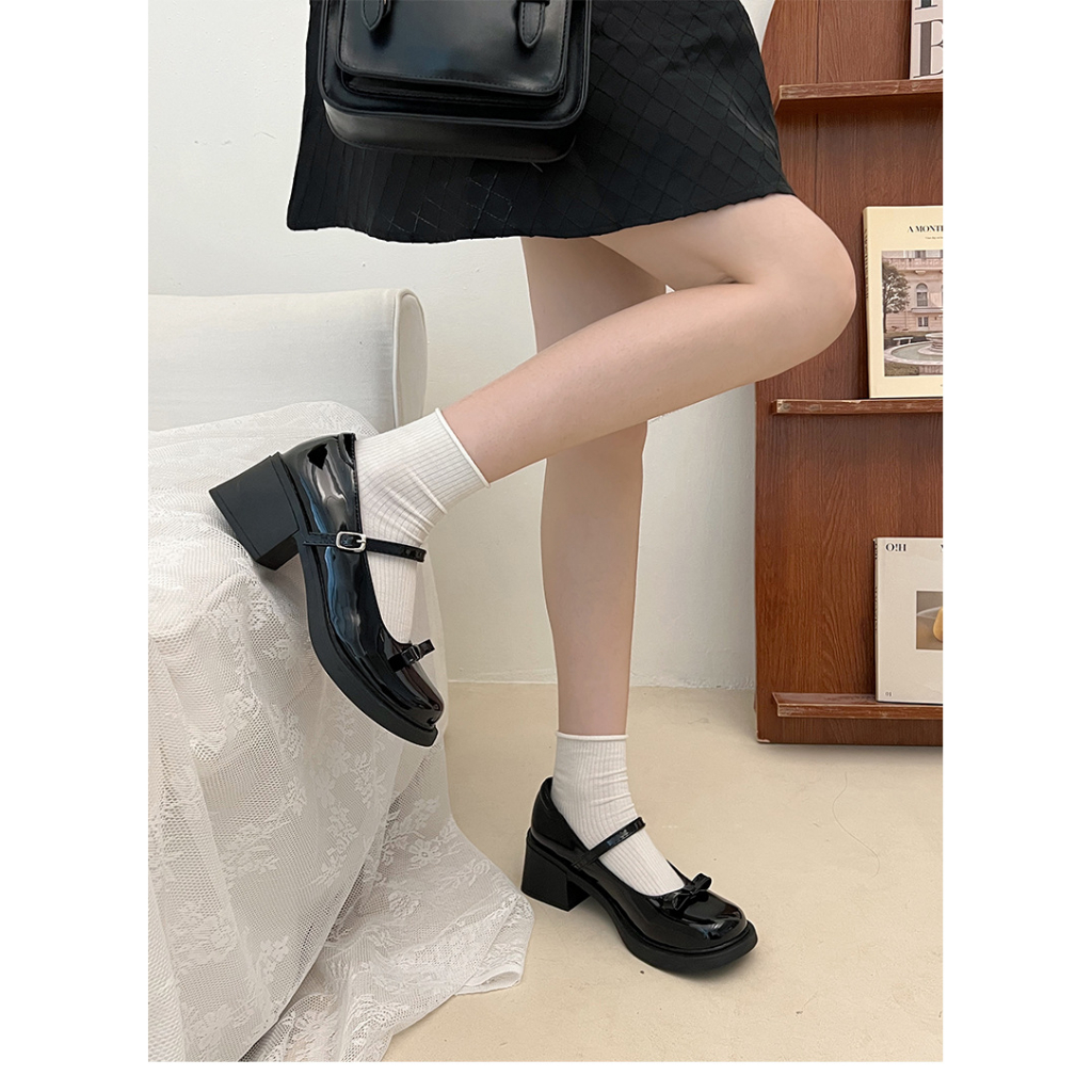 Giày Cao Gót Mũi Tròn Bằng Da Bóng Gót Dày Thắt Nơ Phong Cách Pháp Cho Nữ mary jane