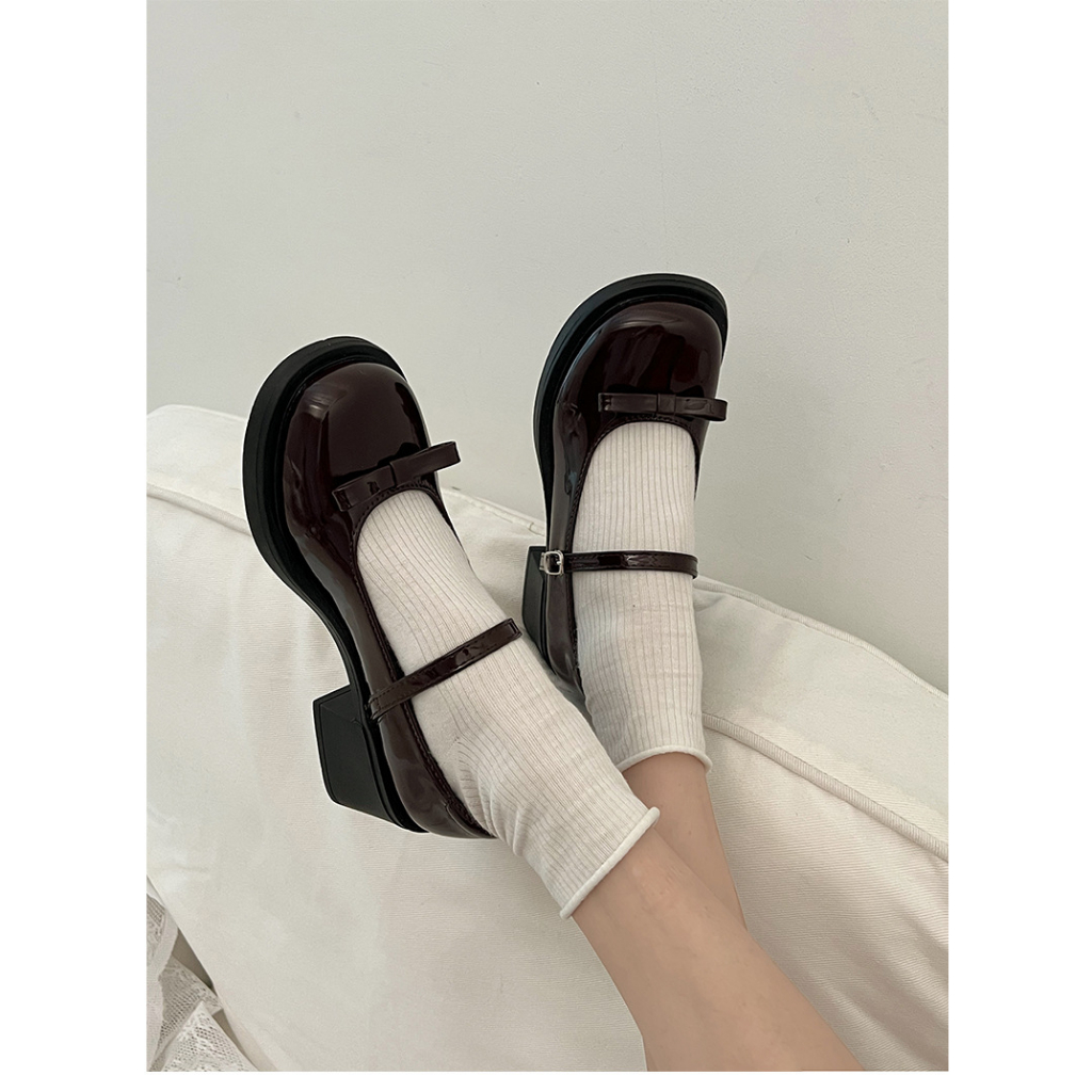 Giày Cao Gót Mũi Tròn Bằng Da Bóng Gót Dày Thắt Nơ Phong Cách Pháp Cho Nữ mary jane