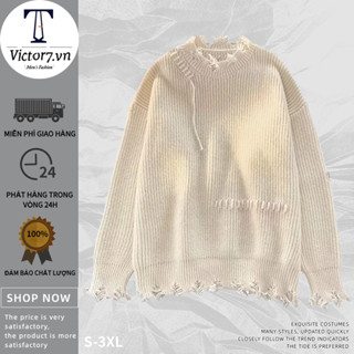 Áo Sweater Cổ Tròn Thiết Kế Xẻ Rách Thời Trang Thu Đông Cho Nam Và Nữ thắt lưng nữ áo len rách dây thừng Áo dệt kim dây thắt lưng