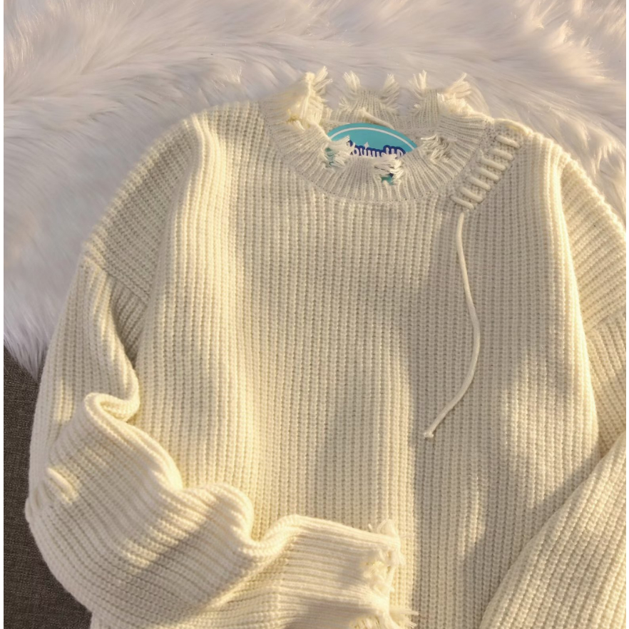 Áo Sweater Cổ Tròn Thiết Kế Xẻ Rách Thời Trang Thu Đông Cho Nam Và Nữ thắt lưng nữ áo len rách dây thừng Áo dệt kim dây thắt lưng