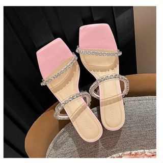 Dép Cao Gót 4cm] Quai Trong Suốt Đính Đá Thời Trang Mùa Hè 2023 Cho Nữ