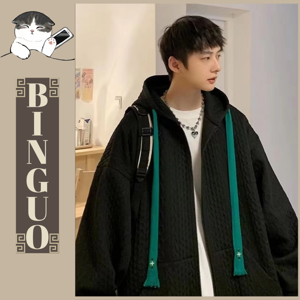 Áo hoodie Cardigan unisex Có Nón Dáng Rộng Màu Trơn Khóa Kéo áo khoát hoodie tay dài Thời Trang Sọc in họa tiết cá tính Hàn Quốc áo hoodie zip