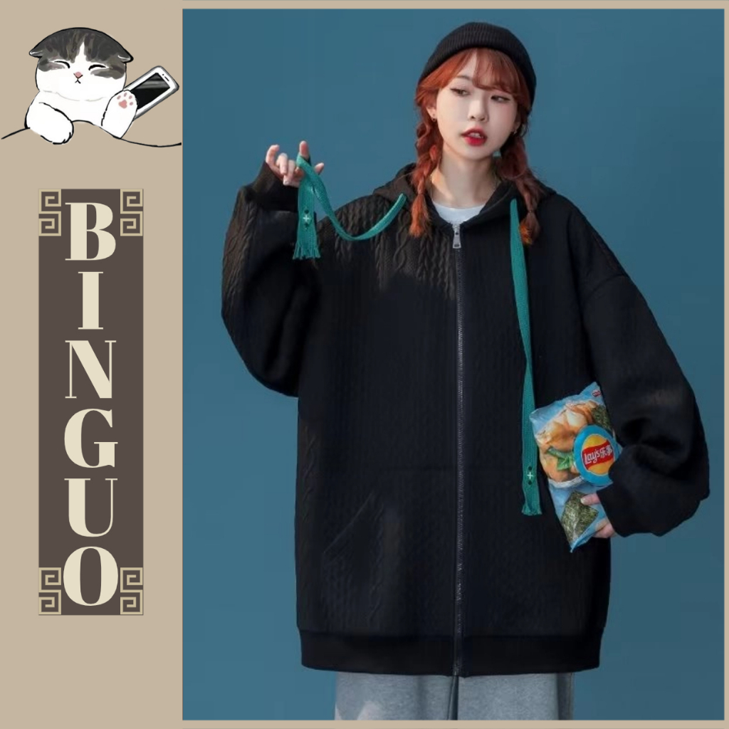 Áo hoodie Cardigan unisex Có Nón Dáng Rộng Màu Trơn Khóa Kéo áo khoát hoodie tay dài Thời Trang Sọc in họa tiết cá tính Hàn Quốc áo hoodie zip