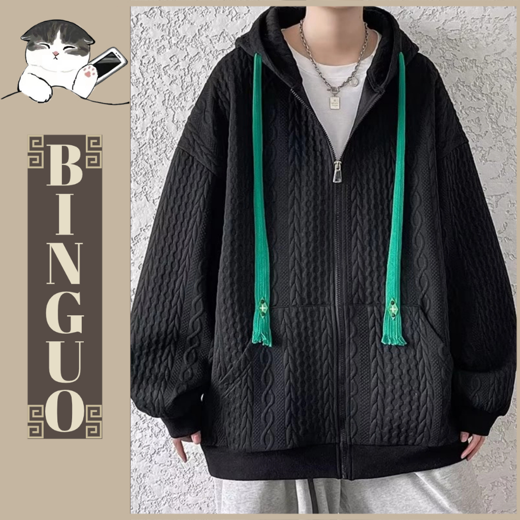 Áo hoodie Cardigan unisex Có Nón Dáng Rộng Màu Trơn Khóa Kéo áo khoát hoodie tay dài Thời Trang Sọc in họa tiết cá tính Hàn Quốc áo hoodie zip