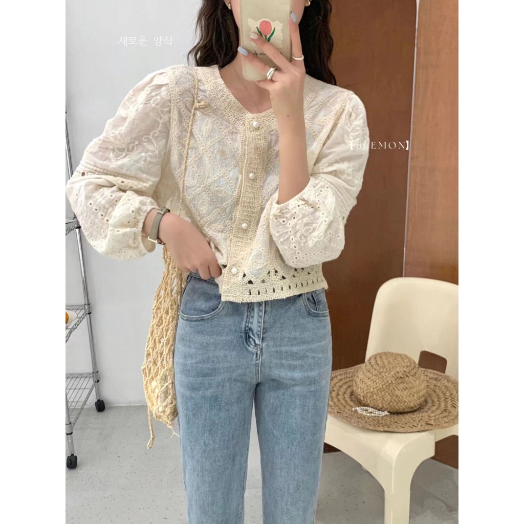 Áo Nữ Dệt Kim Tay Dài Phối Ren Phong Cách Hàn Quốc baju baju wanita Lenan panjang